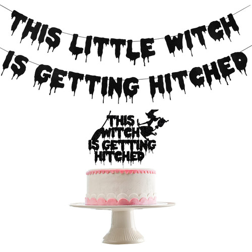 Black Glitter This Little Witch is Getting Hitched Banner and Witch is Getting Hitched Cake Topper, Halloween Bachelorette Party Banner Witch Bachelorette Banner for Halloween Bachelorette Bridal Shower Party Decorations