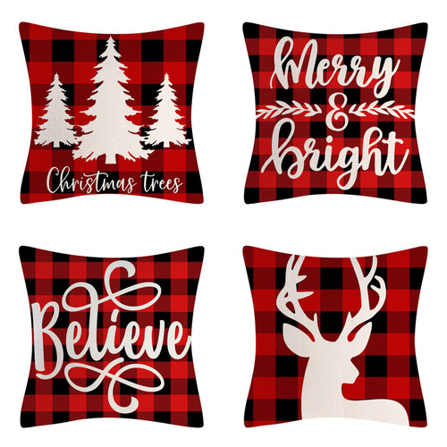 LEIOH Christmas Pillow Covers 18x18 Set of 4 Christmas Decorations Believe Merry Bright Christmas Tree Deer Buffalo Plaid Winter Holiday Decor Throw Pillows for Home