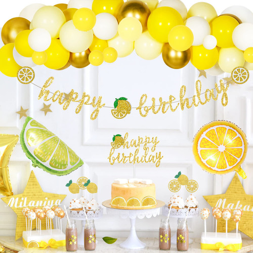 Hombae Lemon Birthday Party Decorations, Lemonade Theme Party Supplies Kit, Happy Birthday Banner Cake Cupcake Toppers, Fruits Theme Party Decor, Lemon Balloons for Lemonade Citrus Theme Party.