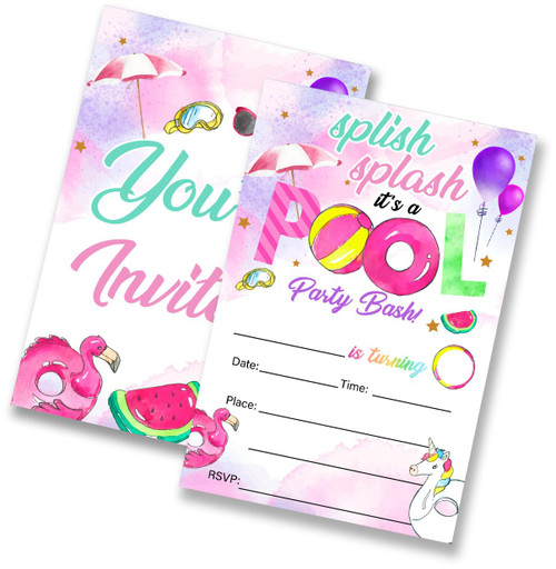 LOTHUY Splish Splash Pool Party Invitations Watercolor Pink Flamingo and Unicorn Pool Fill in Invites Cards for Summer Pool Party, 4"x6" (20 Invitations and Envelopes)
