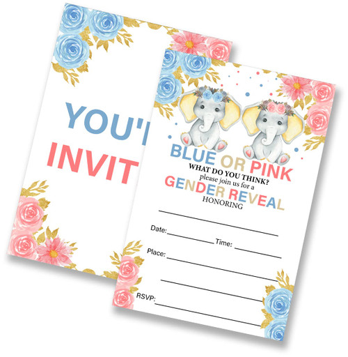 LOTHUY Blue or Pink Elephant Gender Reveal Party Invitations Elephant Boy or Girl Fill in Invites Cards for Neutral Gender Reveal, 4"x6" (20 Invitations and Envelopes)