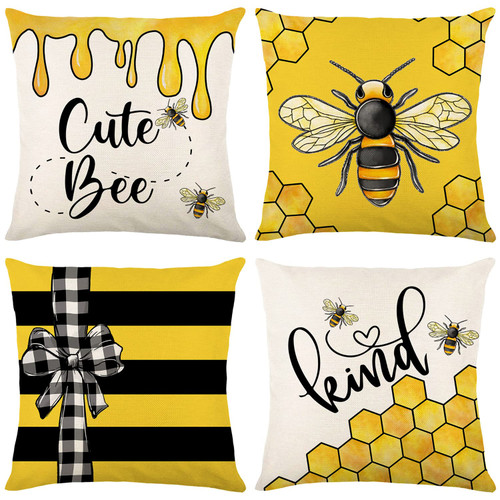 LTDKAEN Summer Honeybee Pillow Covers 18x18 Set of 4 Cute Bee Kind Throw Pillow Covers Linen Farmhouse Decor Pillow Cushion Case for Sofa Bedroom