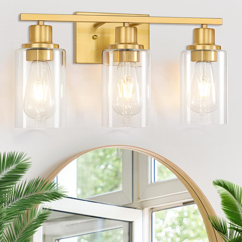 3-Light Brushed Gold Bathroom Light Fixtures, Brushed Brass Vanity Light Fixture Modern Bath Wall Sconce Lighting Wall Mount Lights Over Mirror with Clear Glass Shade for Living Room Bedroom Hallway 3-Light Brushed Gold Bathroom Light Fixtures, Brushed Brass Vanity Light Fixture Modern Bath Wall Sconce Lighting Wall Mount Lights Over Mirror with Clear Glass Shade for Living Room Bedroom Hallway