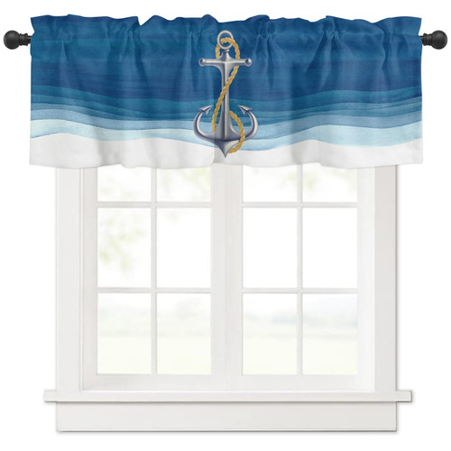 Nautical Valances for Windows Anchor Sea Wave Blue Ombre Rod Pocket Valance Window Treatments Short Curtains for Kitchen Windows Bathroom Bedroom 54 x 18 inch