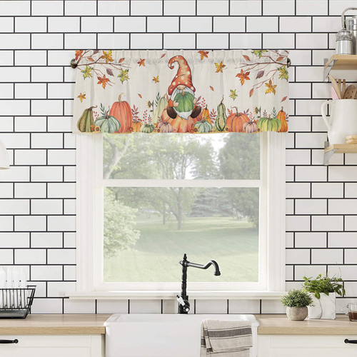 Thanksgiving Valance, Thanksgiving Gnome Valances for Windows, Fall Kitchen Curtains Rod Pocket Bathroom Curtains Window, Kitchen Window Curtains Over Sink, Maple Leaves Pumpkin Valance Curtains 54x18