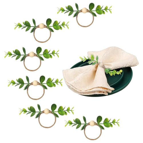 MLURCU Eucalyptus Napkin Rings Set of 6, Wood Bead Napkin Rings Farmhouse Leaf Spring Rustic Napkin Rings for Dining Table Decorations Banquet Wedding Birthday Thanksgiving Christmas Easter Holiday