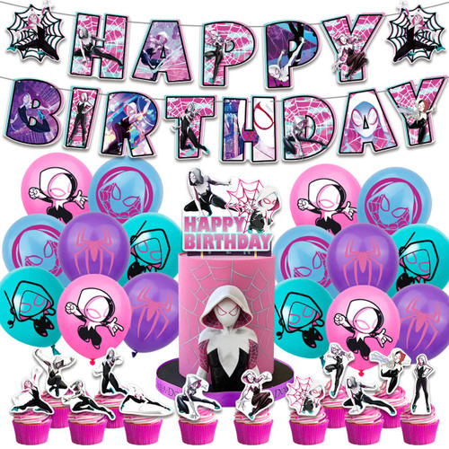 Female Spidey Theme Party Supplies Include Happy Birthday Banner, Cupcake Topper Decoration,Female Spiderman Balloons, Female Spiderman Birthday Party Decoration for Girls