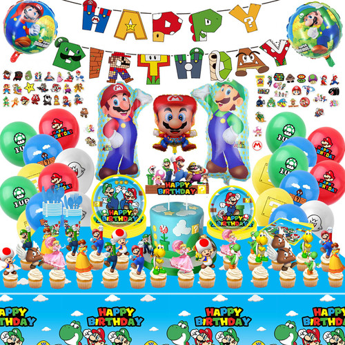 189 PCS Mario Birthday Party Supplies, Party Decorations Includes Balloons, Film Balloons, Plates, Cups, Banners, Knives, Forks, Spoons, Napkins, Stickers, Cake Topper, Cupcake Toppers, Tablecloth 189 PCS Mario Birthday Party Supplies, Party Decorations Includes Balloons, Film Balloons, Plates, Cups, Banners, Knives, Forks, Spoons, Napkins, Stickers, Cake Topper, Cupcake Toppers, Tablecloth