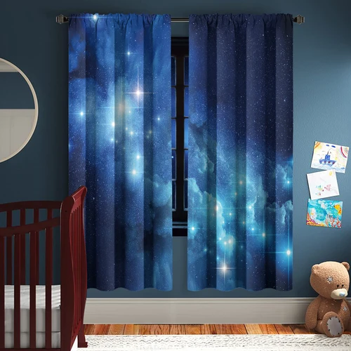 Miyotaa Blue Galaxy Curtains 2 Panels 42W x 63H Rod Pocket Outer Space Universe Cloud Planet Boys Star Sky Starry Nebula Polyester Window Drapery Treatment for Bedroom Living Room
