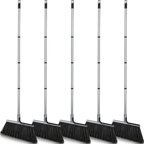 Mumufy Heavy Duty Commercial Broom Bulk Outdoor Broom Indoor Broom for Floor Cleaning Household Angle Brooms with 58 Inch Long Handle for Garage Kitchen Office Patio Courtyard Concrete (5 Pcs)