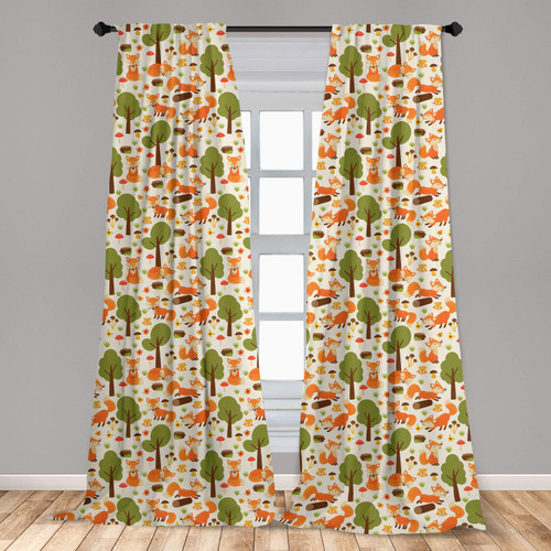 Ambesonne Fox Window Curtains, Wildlife Illustration with Foxes Mushrooms Flowers and Butterflies in the Spring Forest, Lightweight Decor 2-Panel Set with Rod Pocket, Pair of - 28" x 84", Green Orange