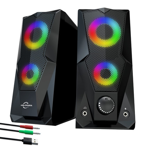 PC Gaming Speakers for Desktop, 2.0 Stereo RGB Computer Speakers with Touch on/off Lights, Rotate Volume Control & Headphone & Microphone Jacks for Desktop Laptop Monitor, USB Powered &3.5mm Aux-in