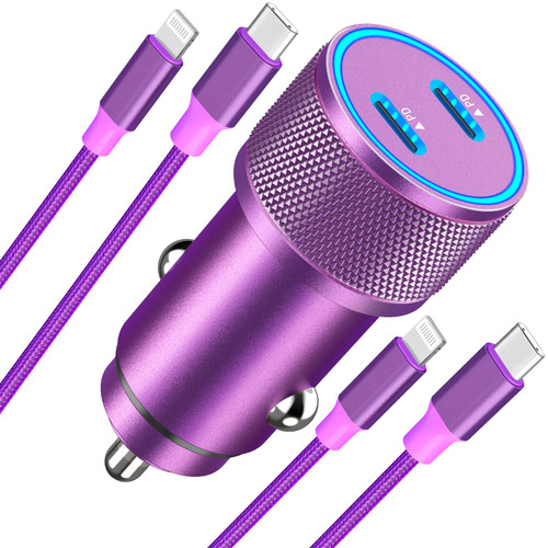 [Apple MFi Certified] iPhone Fast Car Charger, Linocell 60W Dual USB-C PD Rapid Power Car Charger Adapter + 2Pack Type-C to Lightning Cable Quick Car Charging for iPhone 14 13 12 11 Pro/XS/XR/X/8/iPad