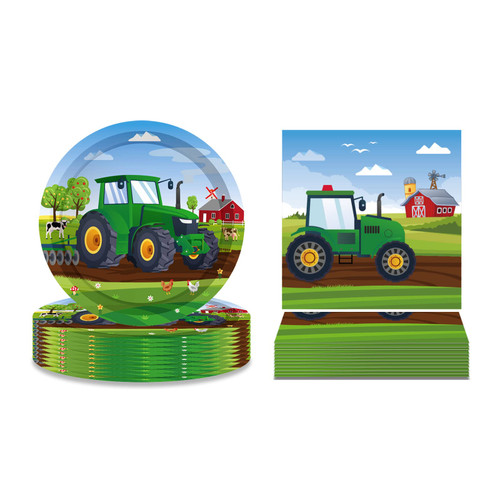 Farm Green Tractor Party Plates and Napkins Serves 24 Gusets 64 Pcs Tractor Birthday Party Supplies Tractor Party Paper Plates, Tractor Party Napkins for Green Farm Tractor Themed Birthday Party