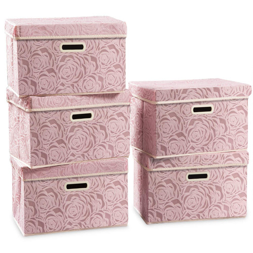 PRANDOM Collapsible Storage Boxes with Lids [5-Pack] Fabric Decorative Storage Bins Cubes Organizer Containers Baskets with Cover Handles Divider for Bedroom Closet Living Room Pink 14.9x9.8x9.8 Inch