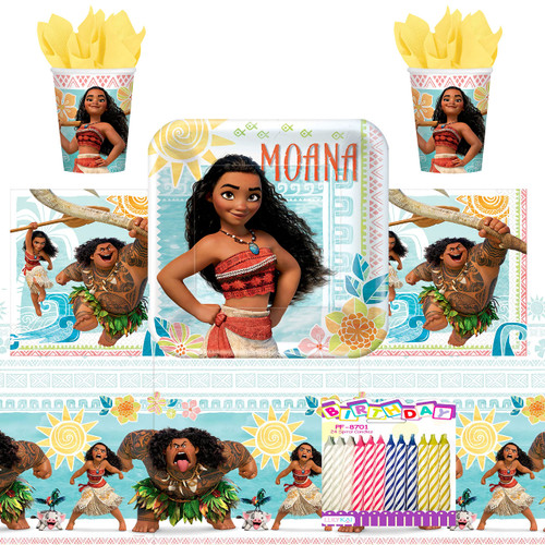 Disney Moana Party Supplies Pack Serves 16: Moana Birthday Party Supplies - 9" Plates Luncheon Napkins Cups and Table Covers with Birthday Candles (Bundle for 16)