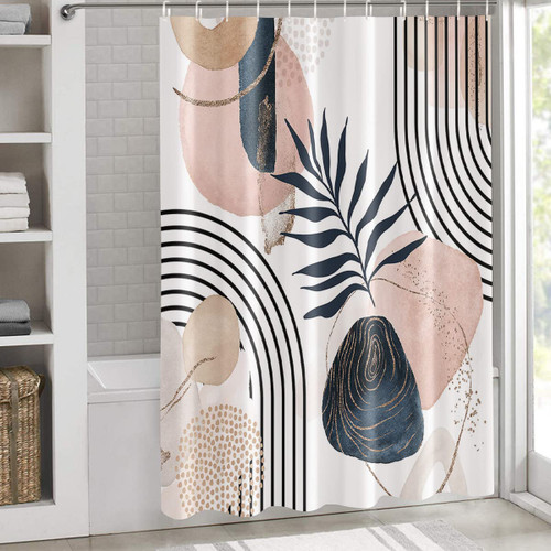 Mid Century Shower Curtains for Bathroom Boho Decor- 72x96In Arch Sun Modern Minimalist Leaves Shower Curtain Set Waterproof Fabric Washable Abstract Bath Curtains with Hooks for Hotel Bathtub