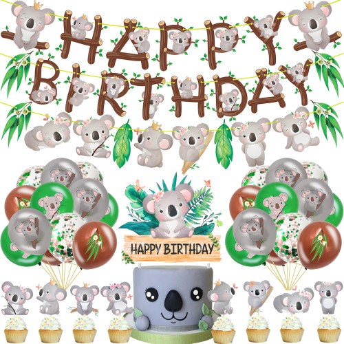 Koala Birthday Party Decorations with Cute Koala Happy Birthday Banner, Latex Balloons, Cake Cupcake Toppers for Koala Birthday Party Jungle Animal Party Supplies