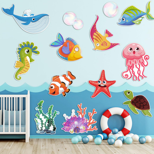 Qpout 54PCS Under The Sea Wall Decals, Sea Animals Wall Decals Ocean Wall Stickers, Dolphin Octopus Starfish Fish Coral Wall Decals, Kids Girls Boy Nursery Bedroom Bathroom Decorations