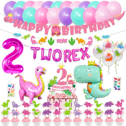 Girl Dinosaur 2nd Birthday Party Decorations, Two Rex Pink Dinosaur Dino Party Supplies for Girls Baby - Banner, Cake, and Cupcake Toppers, Balloons