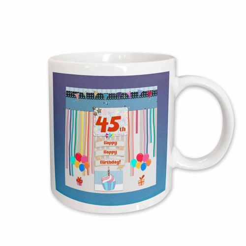 3dRose Image of 45th Birthday Tag, Cupcake, Candle, Balloons, Gift, Streamers - Mugs (mug_359606_1)