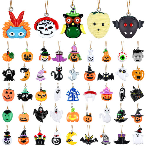 50 Pieces Halloween Tree Ornaments Miniature Halloween Ornaments Set Small Resin Miniature Wizard Pumpkin Lantern Ghost Spider Skull Halloween Tree Decorations for Halloween Theme Party Decor