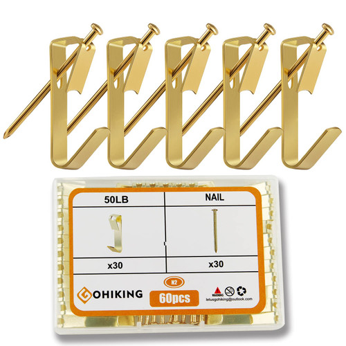 Picture Hangers,Heavy Duty Picture Hanging Hooks with Nails, Frame Hooks Picture Hangers Heavy Duty Hardware Hanger Kit Wooden Wall Painting Hangers Hooks and Nails for Pictures(50lbs-60pcs)