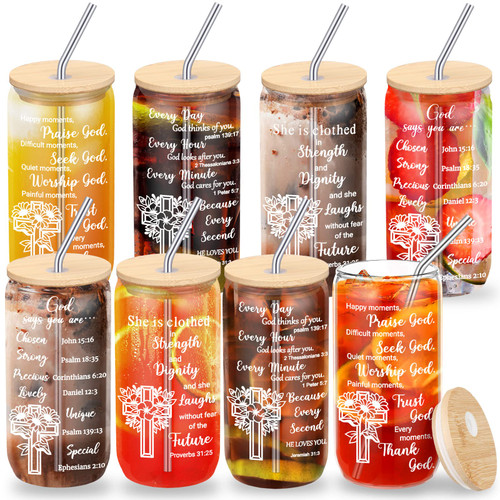 Religious Gifts for Women Birthday Gifts for Her Christian Gifts Inspirational Gifts Spiritual Gifts Best Friends Sister Coworker Mom 16 oz Can Shaped Glass with Bamboo Lid and Straw (8 Pcs, Bright)