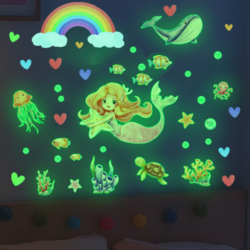 Glow in The Dark Stars and Moon Decals, Wall Stickers-Realistic Mermaid Shining Decoration, Glowing in The Dark Ceiling Stars for Kids, Girls, Boys