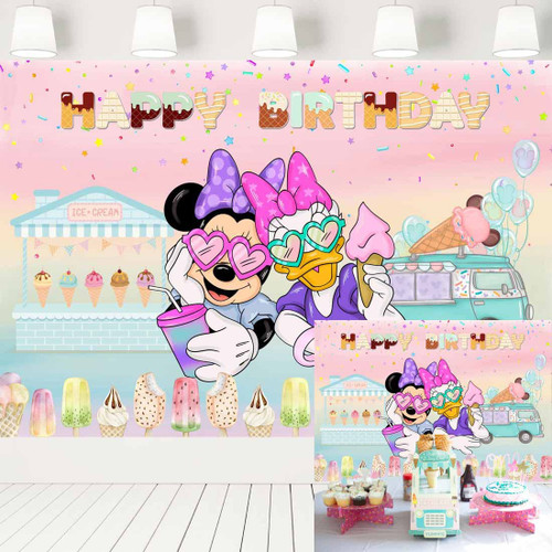 Minnie Mouse Ice Cream Birthday Backdrop Daisy Duck with Watercolor Van Background Summer Sweet Party Decorations Cake Table Banner 7x5 ft 440