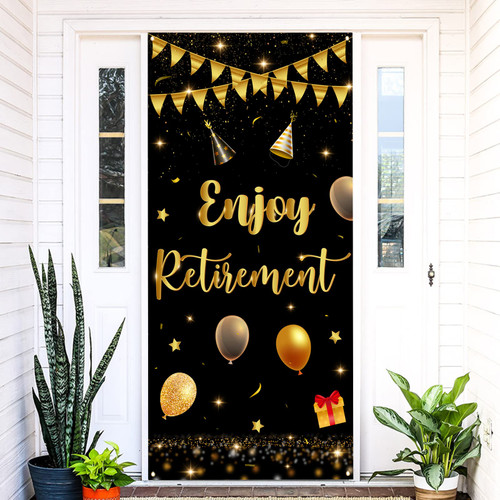 Labakita Enjoy Retirement Door Banner, Happy Retirement Door Cover, Retirement Party Decorations for Women/Men, Retired Party Sign, Happy Retirement Banner Backdrops Black and Gold