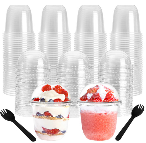 Nicunom 100 Pack 12 oz Clear Dessert Cups with Dome Lids (No Hole) & Sporks, Plastic Parfait Cups, No Leaking Disposable Party Cups With Lids for Ice Cream Fruit Cake Snacks Yogurt Cold Drinks