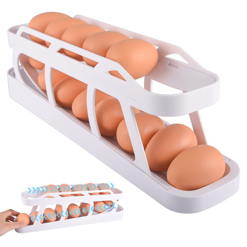 Jspupifip Egg Dispenser, Eggs Holder for Refrigerator 2 Tier Rolling Space Saving Egg Organizer Storage Carton Container Tray for Kitchen Countertop Cabinet