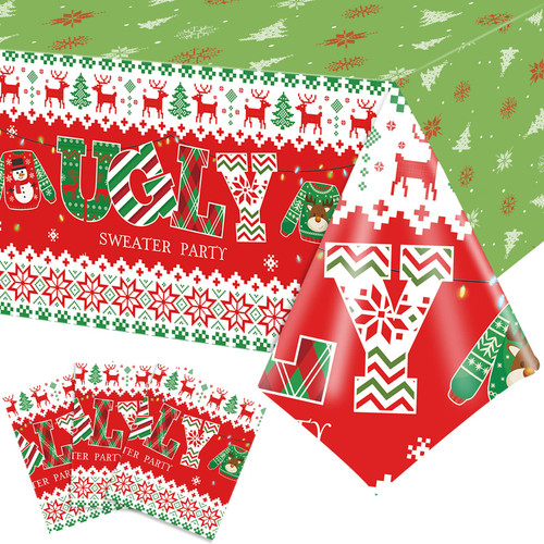 3 Pack Christmas Ugly Sweater Tablecloths Decoration Plastic Sweater Xmas Party Table Covers Merry Christmas Ugly Sweater Party Supplies for Xmas Winter Holiday Birthday Party Decor, 54 x 108 Inch