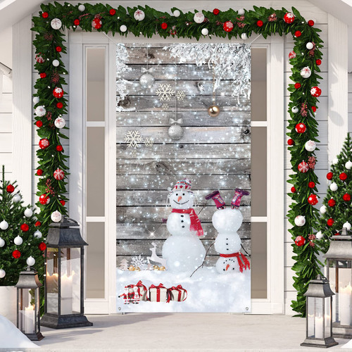Christmas Snowman Door Cover Merry Christmas Door Decorations Winter Snowman Door Banner for Front Door Porch Christmas Party Supplies Door Decor, 71 x 35 Inches
