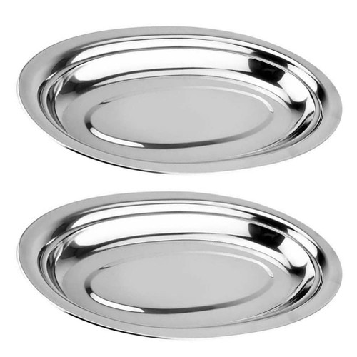 Happyyami Camping Plates Stainless Steel Plate Oval Serving Platter Appetizer Plates Fish Steamer 30cm Dinner Steaming Tray For Fish Seafood Snack Fried Chicken Cooking Dinner Plates