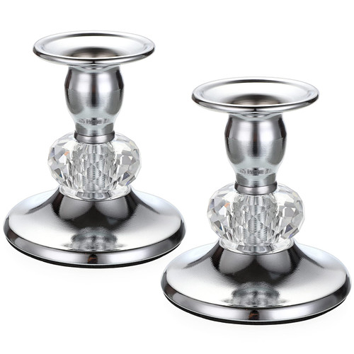 OwnMy 2PCS Silver Metal Taper Candlestick Holders Vintage Brass Taper Candle Holders, Metal Crystal Candle Stands Elegant Candlestick Holders Set for Dining Table Centerpiece Fireplace Candle Decor