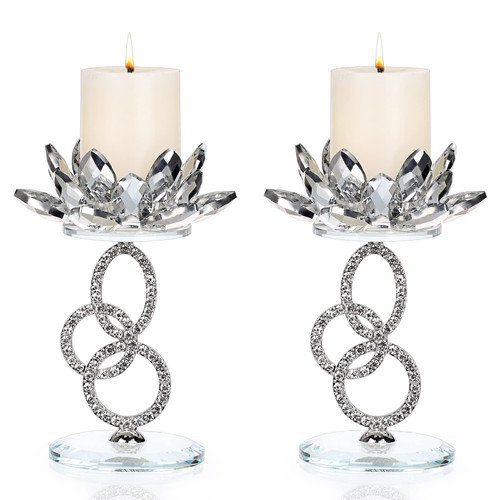 OwnMy Set of 2 Crystal Lotus Flower Candlestick Holders Metal Glass Lotus Pillar Candle Holders, Silver Crystal Lotus Votive Candlesticks Tealight Candle Stands for Wedding Table Centerpiece, 6.1" H OwnMy Set of 2 Crystal Lotus Flower Candlestick Holders Metal Glass Lotus Pillar Candle Holders, Silver Crystal Lotus Votive Candlesticks Tealight Candle Stands for Wedding Table Centerpiece, 6.1" H