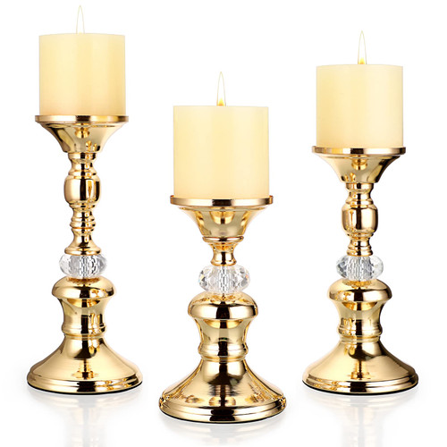 OwnMy Set of 3 Gold Metal Pillar Candlestick Holders Vintage Brass Pillar Candle Holders, Metal Crystal Pillar Candle Stands Elegant Candle Centerpiece for Dining Table Wedding Fireplace Candle Decor OwnMy Set of 3 Gold Metal Pillar Candlestick Holders Vintage Brass Pillar Candle Holders, Metal Crystal Pillar Candle Stands Elegant Candle Centerpiece for Dining Table Wedding Fireplace Candle Decor