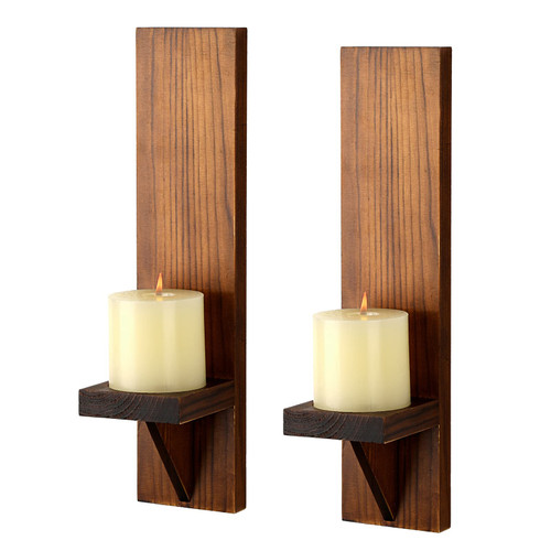 OwnMy Set of 2 Wooden Wall Candle Sconces Rustic Wall Mount Wooden Pillar Candle Sconces, Black Farmhouse Wall Candle Sconces Hanging Wall Sconces Vintage Wall Candle Holders Decor for Living Room