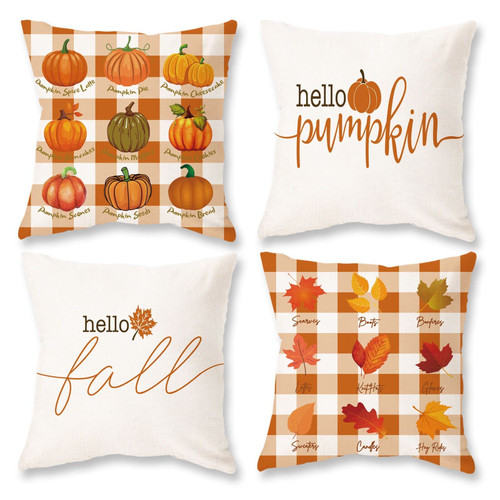 ONWAY Fall Buffalo Plaid Pumpkin Maple Leaves Pillow Covers 18x18 Inch Set of 4 Thanksgiving Decorations Autumn Farmhouse Outdoor Cushion Cases for Sofa Couch Home Decor