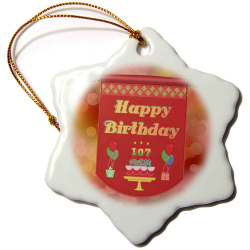 3dRose Happy 107th Birthday Banner, Cake with Gifts and Balloons - Ornaments (orn-186380-1)