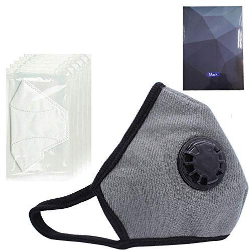 PM2.5 Anti Pollution Mask Military Grade N99 Washable Dust Respirator Cotton Anti-dust Mouth Masks with Replaceable Filters for Men and Women (1 Mask + 5 Filters) (Light Gray-type 2)