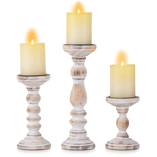 Wood Candle Holders for Pillar Candles - Tall Rustic Candle Holder (Set of 3), Large Farmhouse Candle Holders Candle Stand, Pillar Candle Holder Set for Table Centerpiece, Fireplace, Home, White
