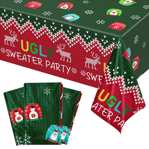 3 Pieces Christmas Ugly Sweater Party Plastic Tablecloth Xmas Disposable Plastic Rectangular Table Covers with Ugly Sweater Elements for Christmas New Year Party Supplies, 108 x 54 Inch