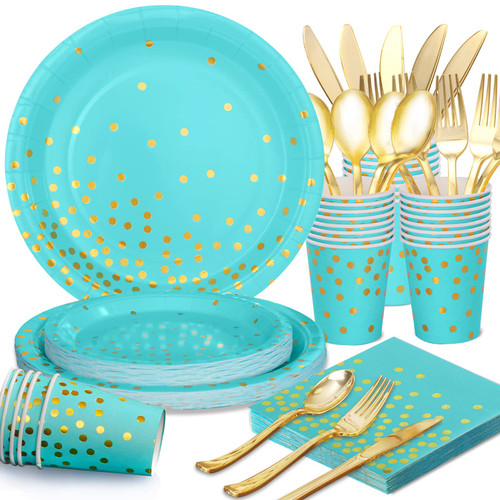 joy akkess 175PCS Teal Plates and Napkins Party Supplies,Teal Paper Plates Napkins Cups Serve 25 Guests,Teal and Gold Party Decorations for Teal Birthday Decorations Wedding Baby Shower