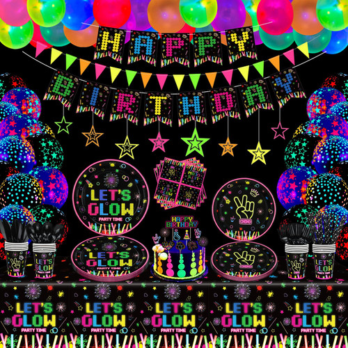 238 PCS Glow Neon Party Supplies Glow in The Dark Party Decorations BlackLight Party Tableware Set - Plates, Banner, Fluorescent Balloons, Neon Glow Tablecloths, Hanging Stars, Cups, Napkins Serves 20