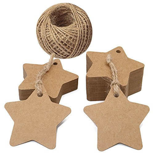 100 PCS Kraft Paper Tags Star Shape Gift Tags with 100 Feet Natural Jute Twine String Idea for Wedding Favor Tags, Party Gift Tags, Price Labels, Luggage Tags (Brown)