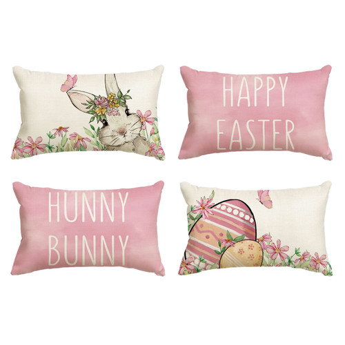 AVOIN colorlife Happy Easter Hunny Bunny Pink Throw Pillow Covers, 12 x 20 Inch Easter Eggs Bunny Spring Cushion Case for Sofa Couch Set of 4