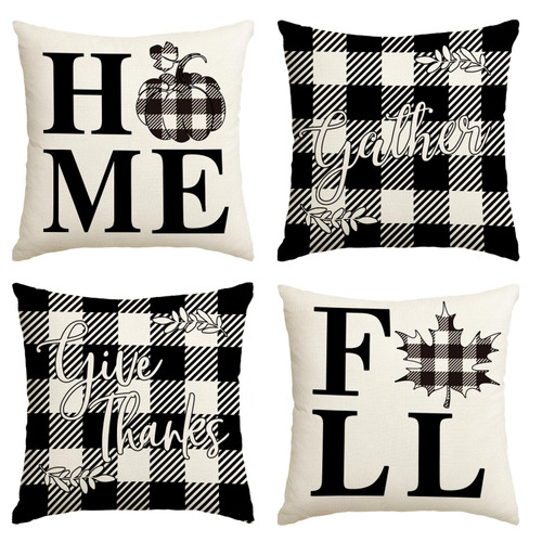 AVOIN colorlife Home Fall Black White Buffalo Plaid Pumpkin Maple Leaf Throw Pillow Cover, 18 x 18 Inch Autumn Give Thanks Gather Farmhouse Cushion Case for Sofa Couch Set of 4
